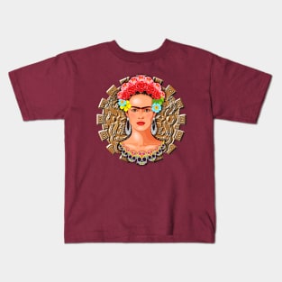 Frida Kahlo Aztec Golden Sun Kids T-Shirt